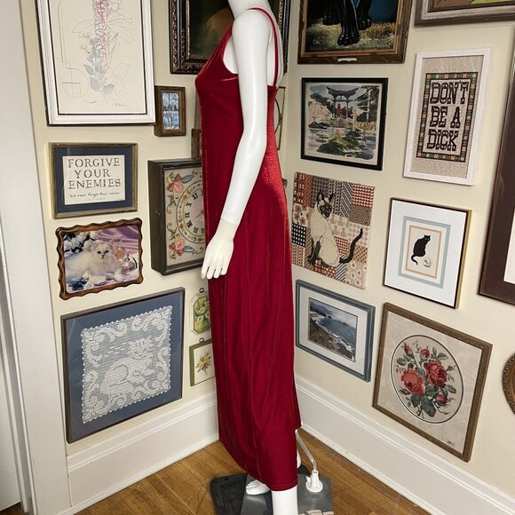 90s Vintage All That Jazz Red Stretch Velvet High Neck Column Maxi Dress Size S - Picture 3 of 6